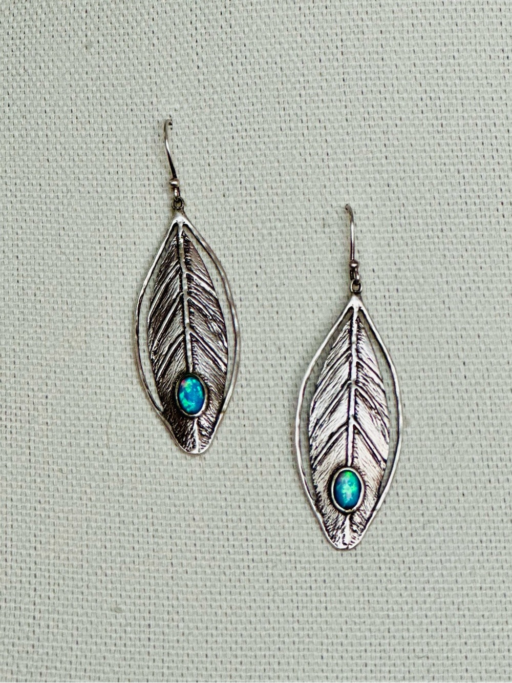 Or Paz STERLING Silver Leaf Dangle Earrings with Blue-Green OPAL